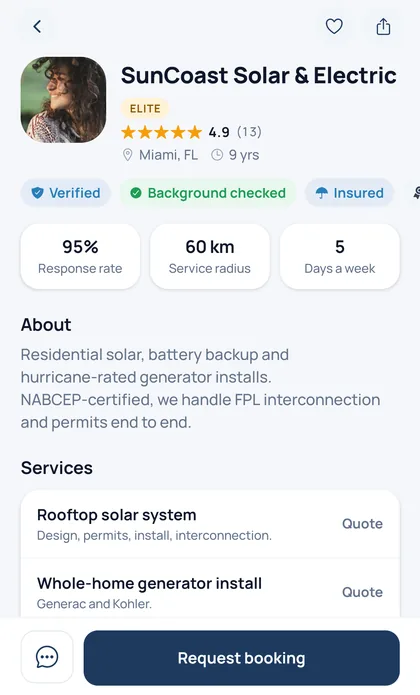 FivsPro app — a verified provider profile with Request booking button